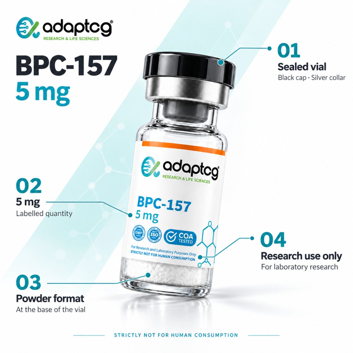 BPC-157 5mg vial: sealed vial, labelled quantity, powder format, research use only, Adaptog Research