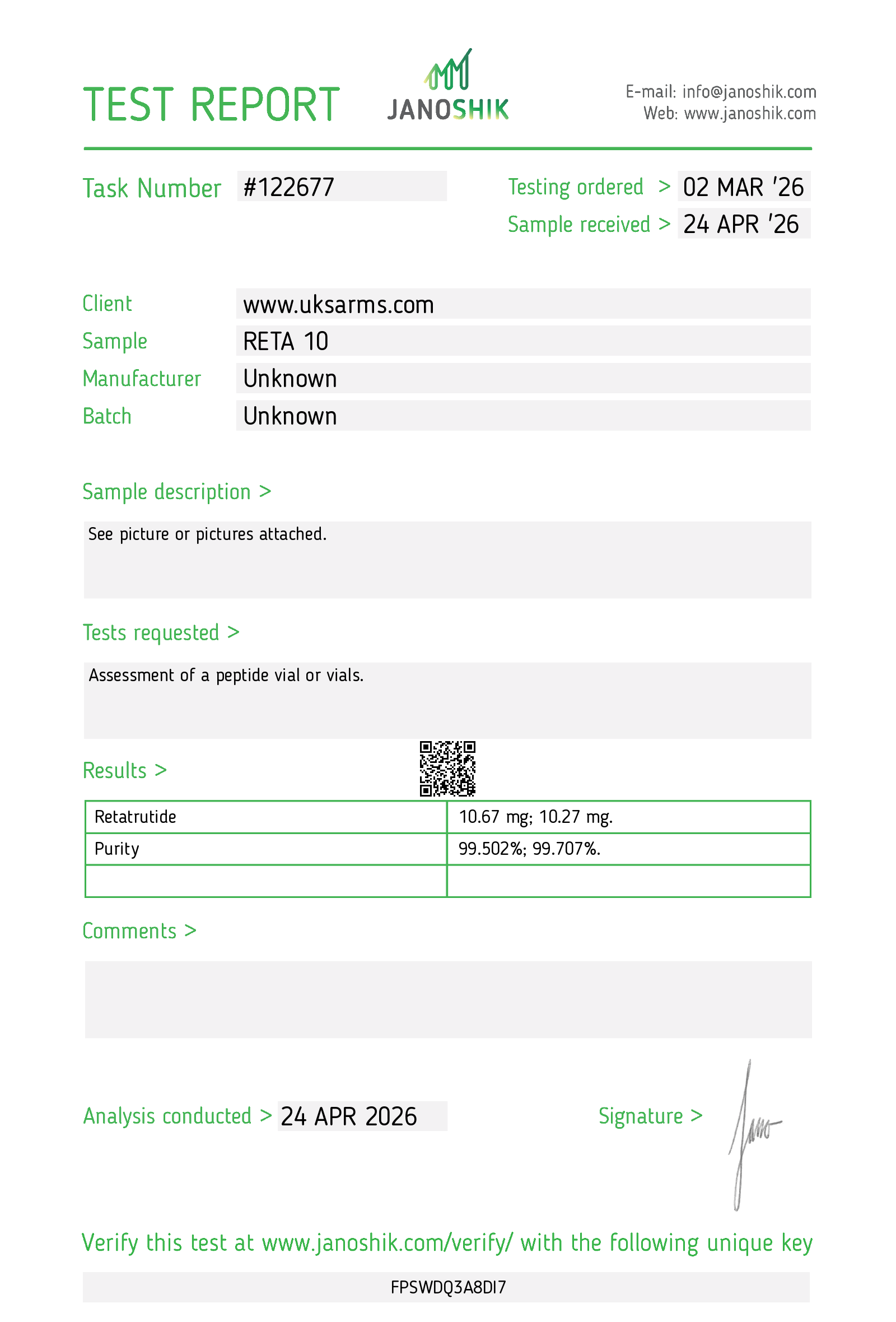 Retatrutide certificate of analysis for 10 mg product