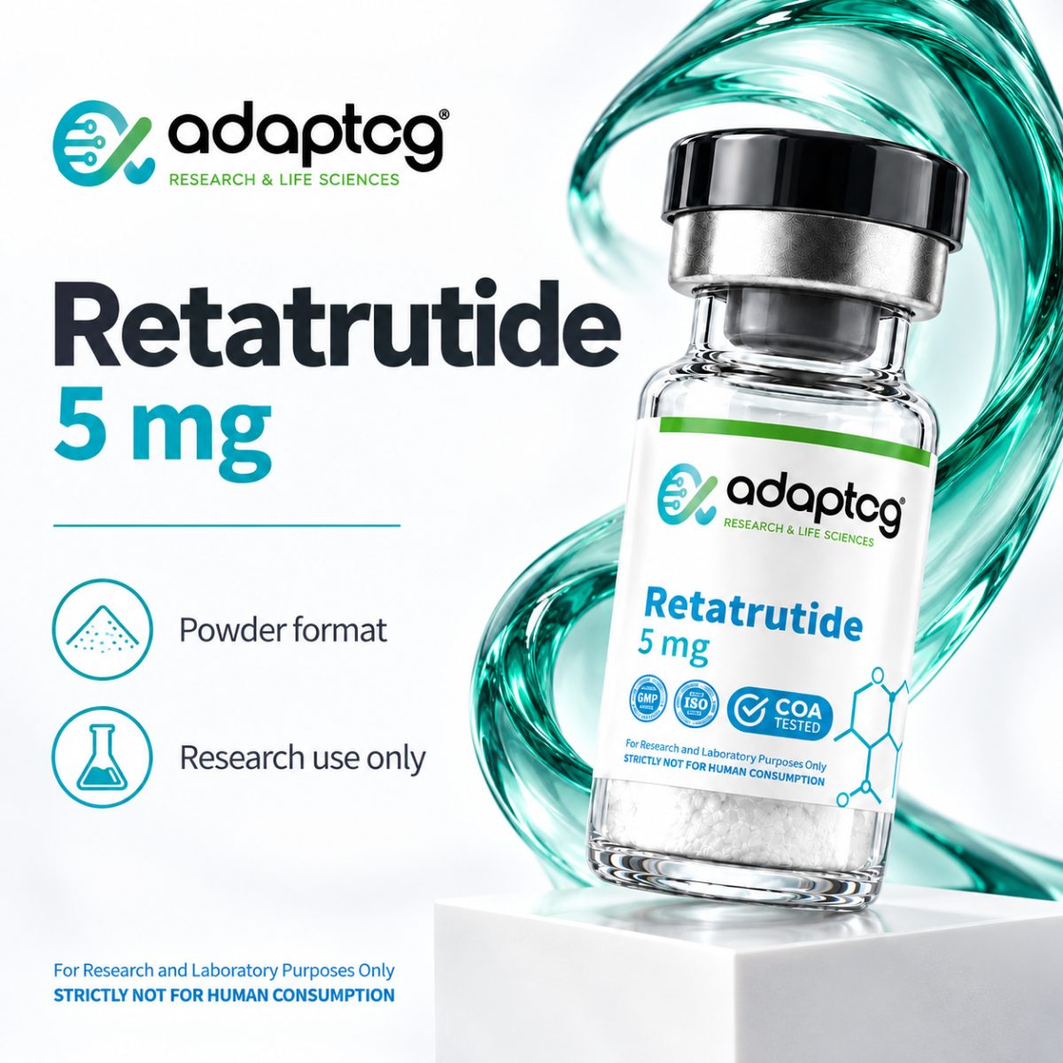 Retatrutide 5mg vial, powder format, for research use only, Adaptog Research