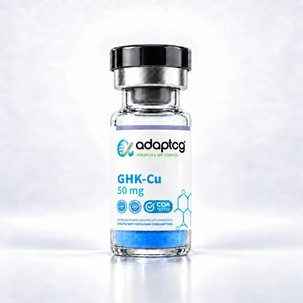 GHK-Cu 50mg copper peptide vial with blue powder, Adaptog Research