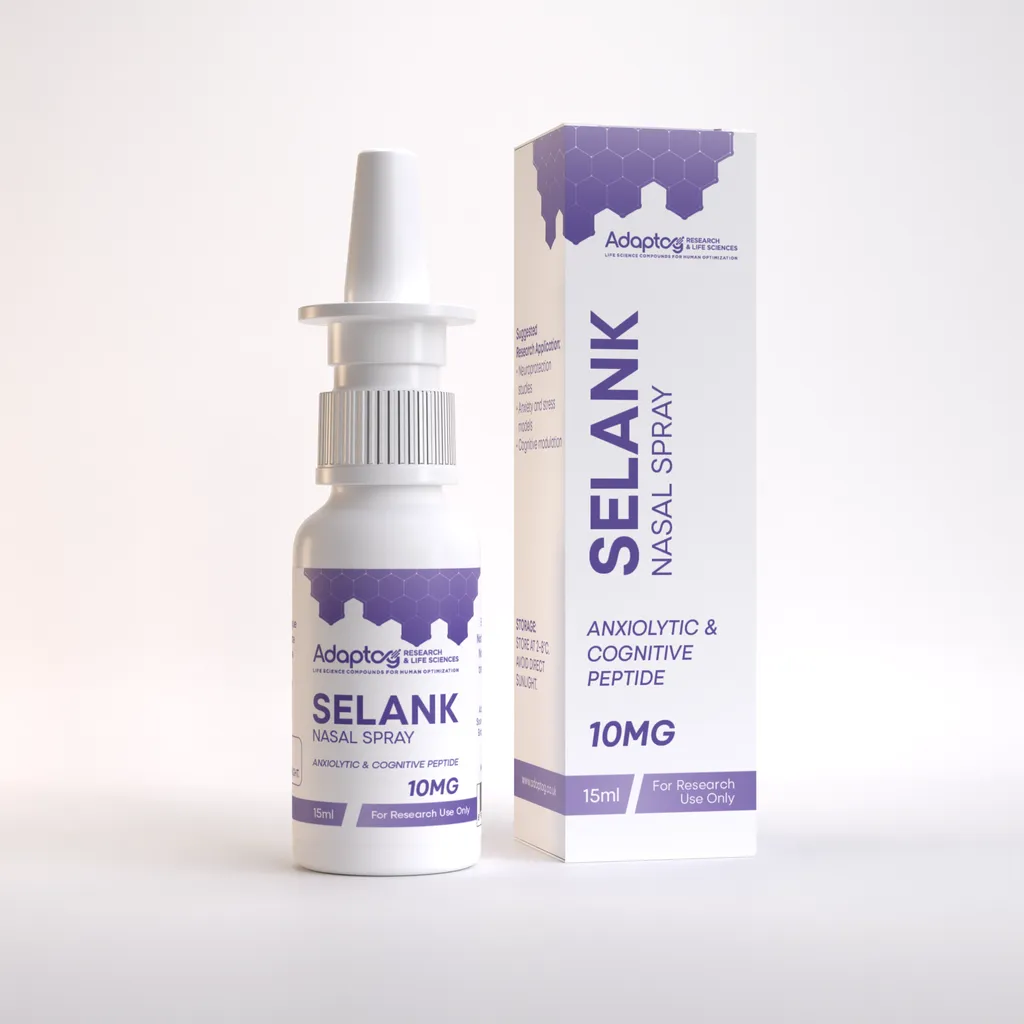 Selank nasal spray 10mg, 15ml bottle and box, Adaptog Research