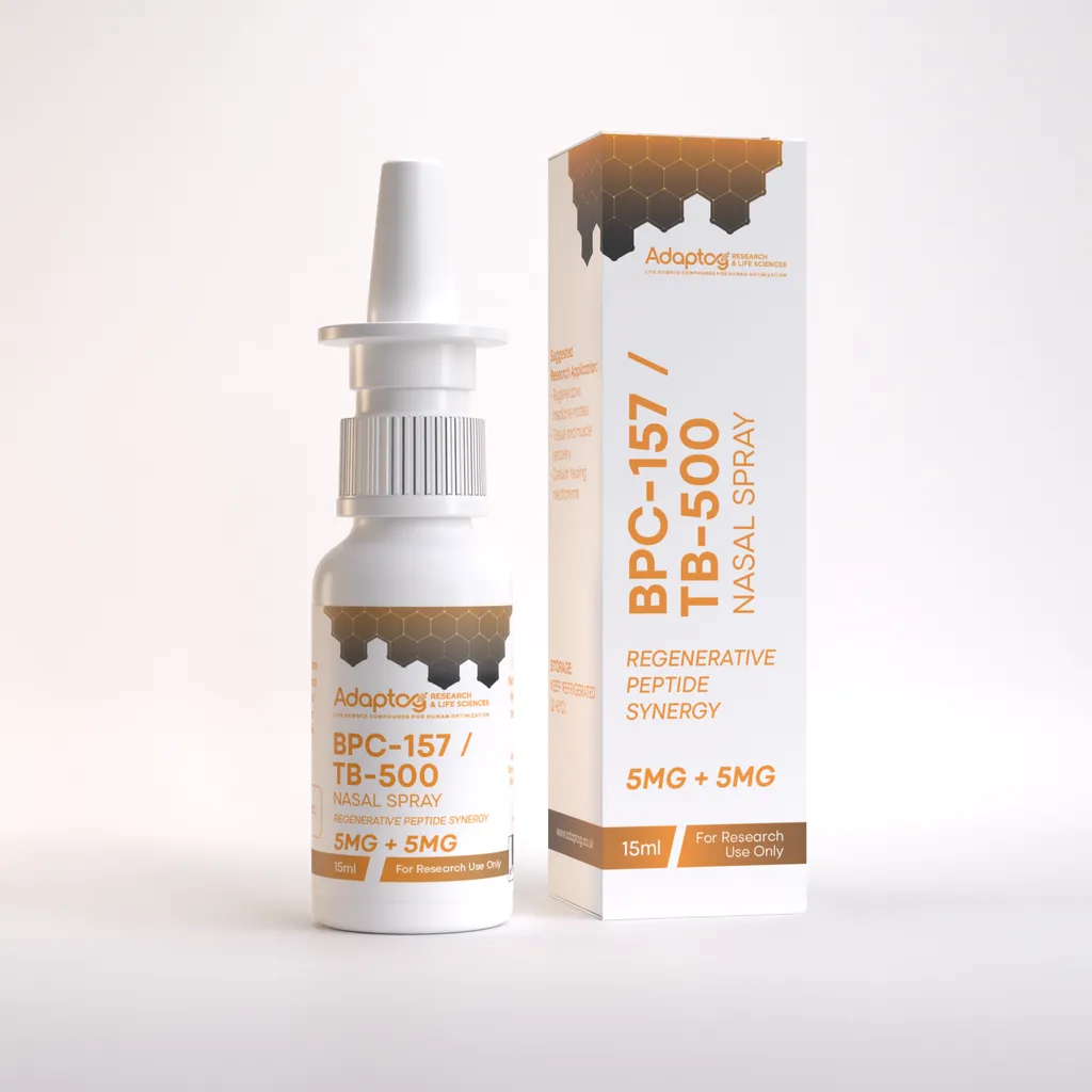 BPC-157 + TB-500 nasal spray 5mg + 5mg, 15ml bottle and box, Adaptog Research