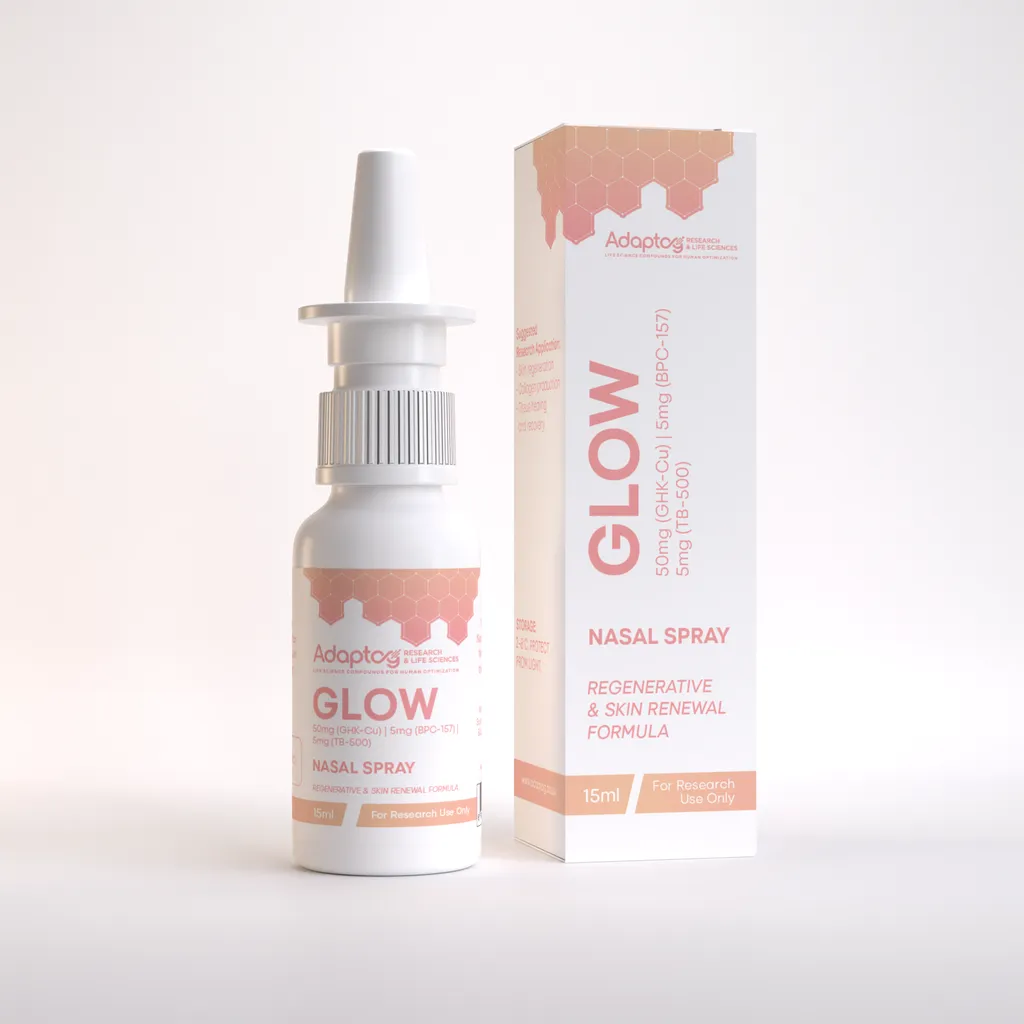 GLOW nasal spray with GHK-Cu, BPC-157 and TB-500, 15ml bottle and box, Adaptog Research