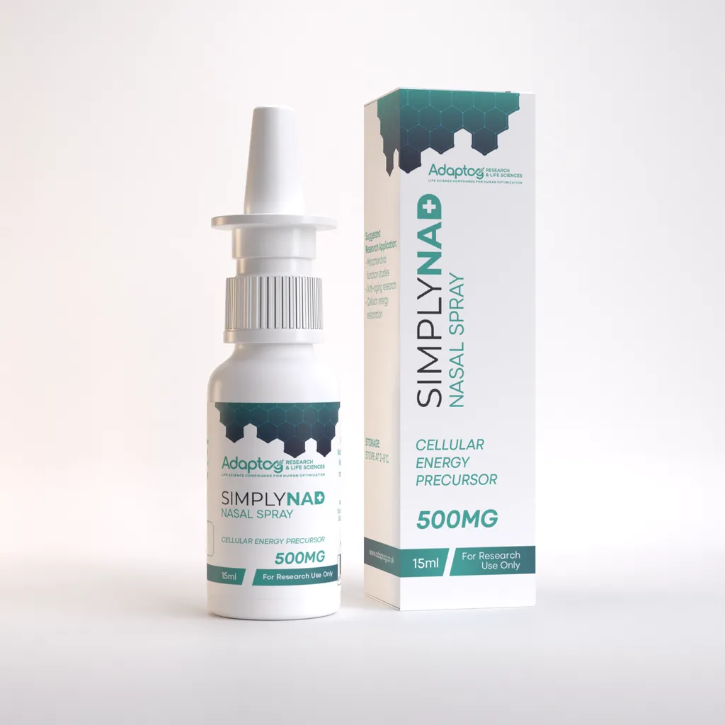 NAD+ nasal spray 500mg, 15ml bottle and box, Adaptog Research